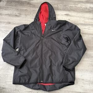 Vintage NIKE Hooded Windbreaker Mens Medium Black Full Zip Jacket Red Mesh-Lined